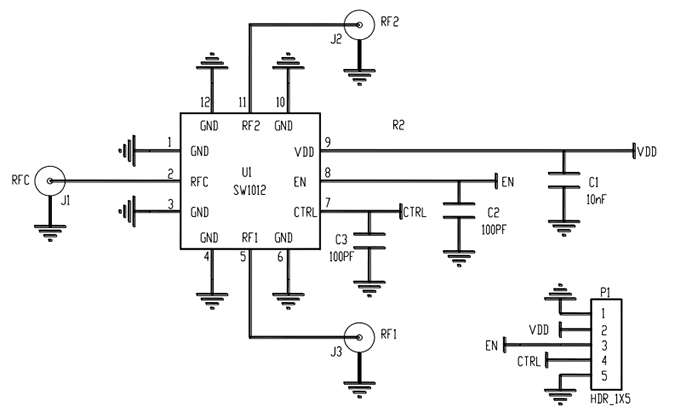 Applikations-Schaltungsdiagramm - Qorvo RFSW1012 Breitband-SPDT-Schalter